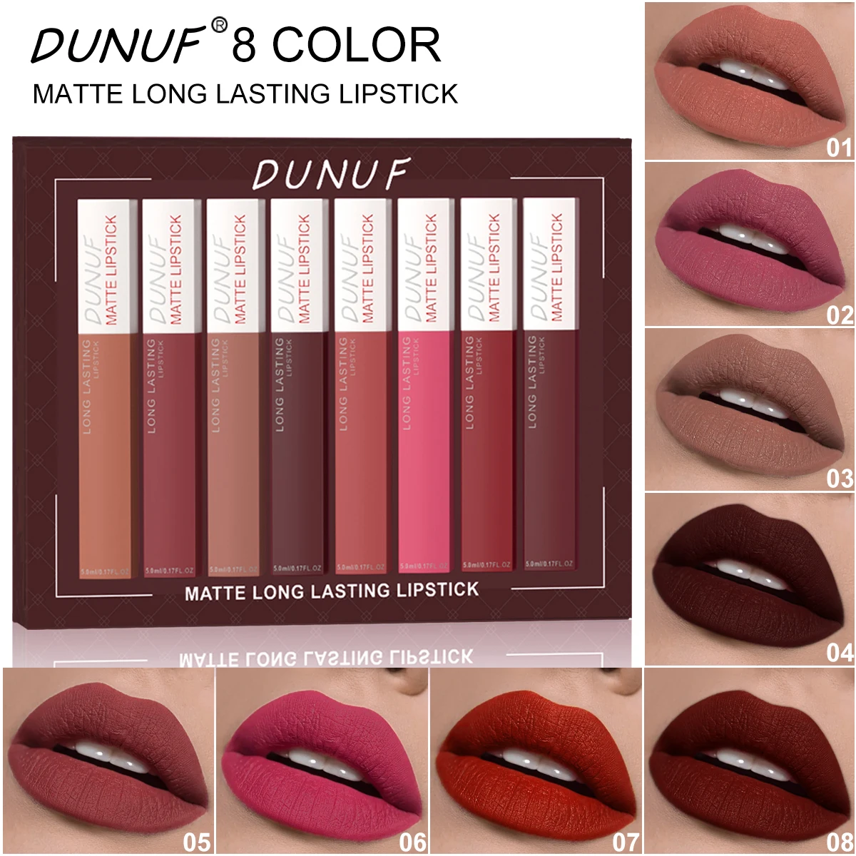 DUNUF-Juego de brillo de labios duradero, 8 Uds., color mate, labios de plástico tridimensionales, resistente al agua, antisudor, taza antiadherente