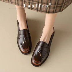 Taoffen Casual Loafers For Women Genuine Leather Square Heel Metal Decoration Pumps Fashion Round Toe Slip-On Office Lady Shoes