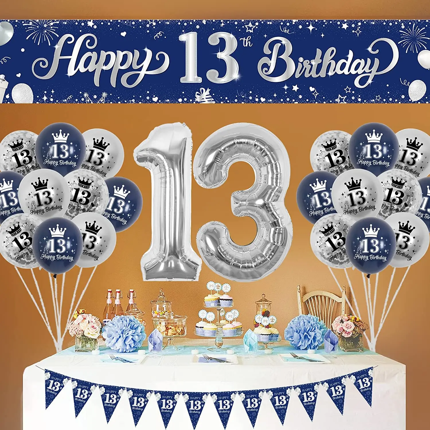 Imagem -04 - Aniversário Decorações para Meninos Meninas Azul Marinho Feliz 13 ° Aniversário Yard Banner 13 Foil Balões Adolescente Suprimentos de Aniversário 13 °