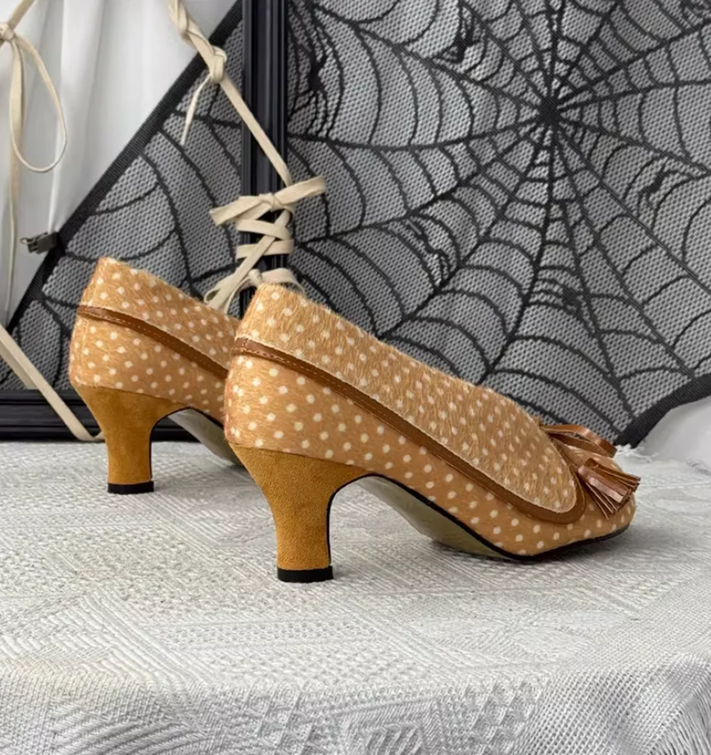 

Polka Dot Fur Pumps Round Toe Chunky Heel Khaki Leather Tassel Bow Accent Retro New French Style Lady Mary Jane shoes