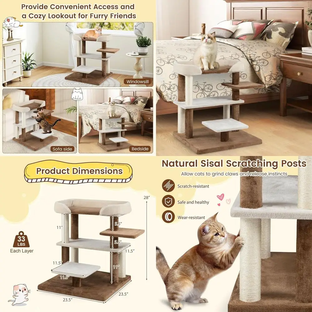 

Компактная кошачья стойка 28 с сизалевыми стойками, многоуровневыми платформами и уютной верхней платформой для пожилых кошек