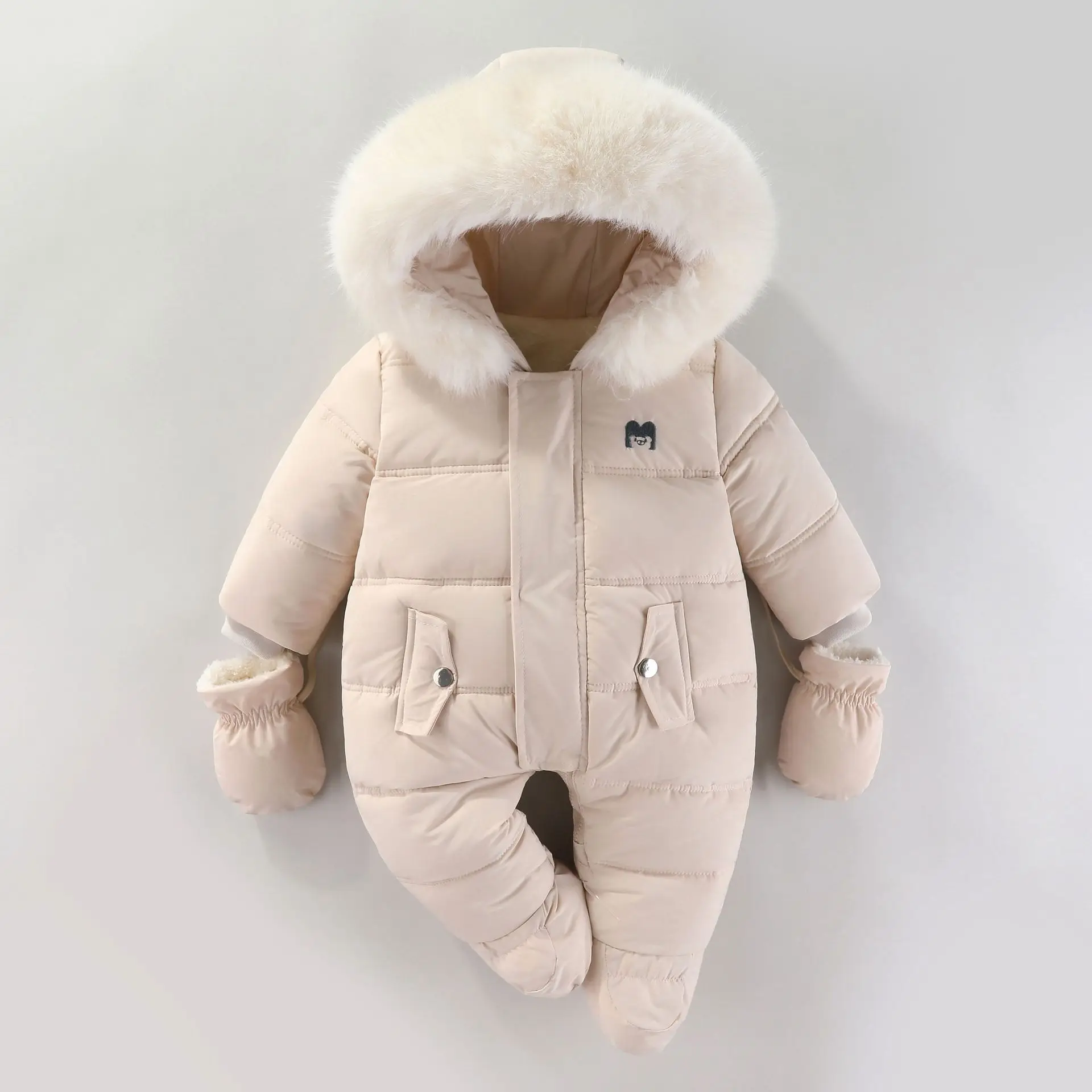 UNIFEMEN New Baby Boys Winter Rompers Fur Collar Thickened Warm Baby Boys Jumpsuit Hooded Cotton Padded Infant Boy Bodysuit