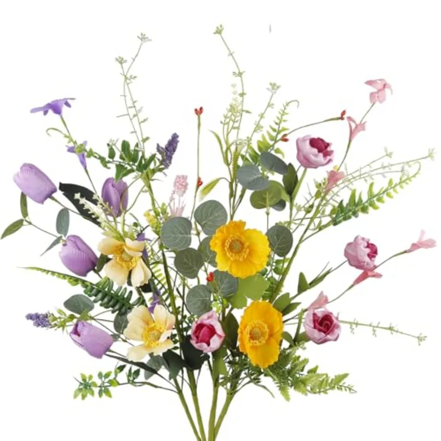 

4 Pcs Wildflowers Artificial Flowers Daisies Roses and Poppies Faux Wildflowers Summer Flowers Artificial for tion Spring Silk