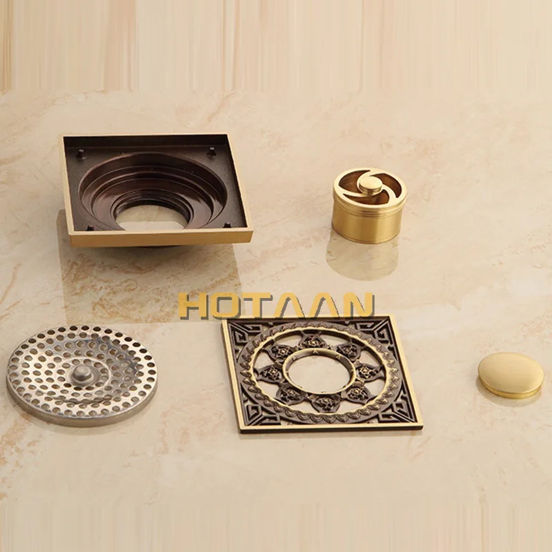 . High Quality Antique Brass Carved Flower Art Bathroom Accessory Floor Drain Waste Grate100mm*100mm YT-2101