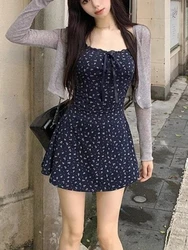 Japanese Print Retro Elegant 2 Piece Sets Women Summer Chic Y2k Slim Sweet Dress + Solid Cardigan 2024 Summer Korea Style Suits