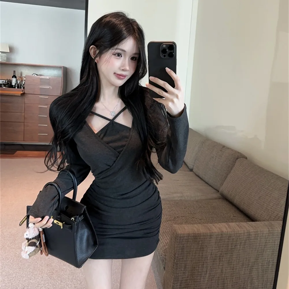 

Autumn Winter Thiened Fce A-Line Dr with Pleats Wrap around Body Sexy Belted oulder Pad Dstring Fake Two-Piece D...