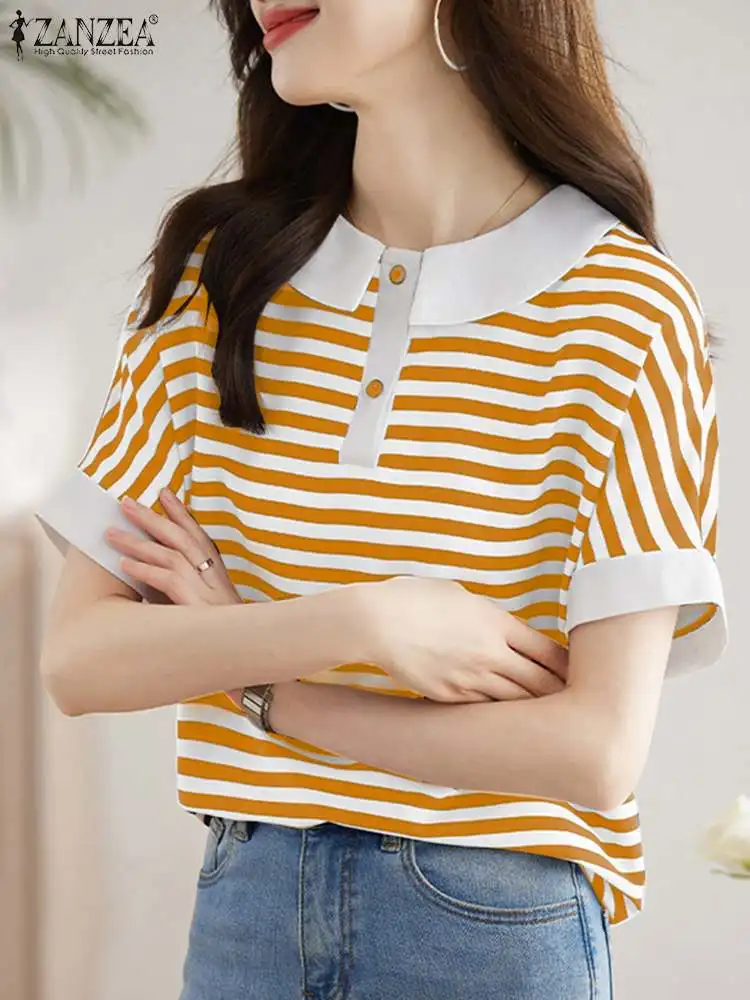 ZANZEA 2024 Summer Stripes Short Blouse Women Patchwork Tops Elegant Office Doll Collar Blusas Korean Slim Holiday  Tunic Shirt