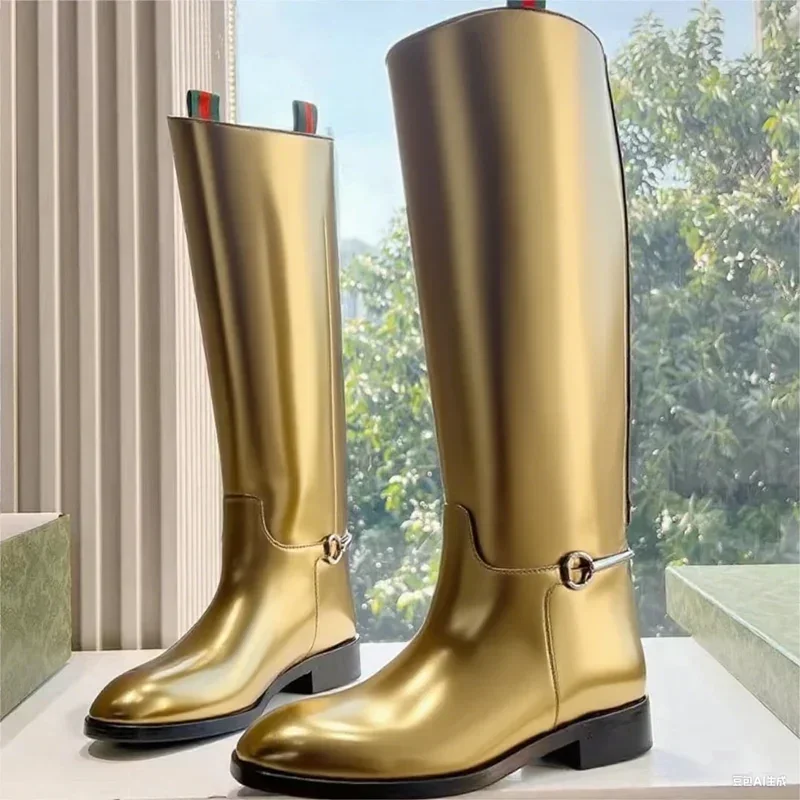 

Metal Decoration Knee High Boots Sexy Round Toe Square Heel Matte Leather New Arrivals Fashion Women Modern Boots