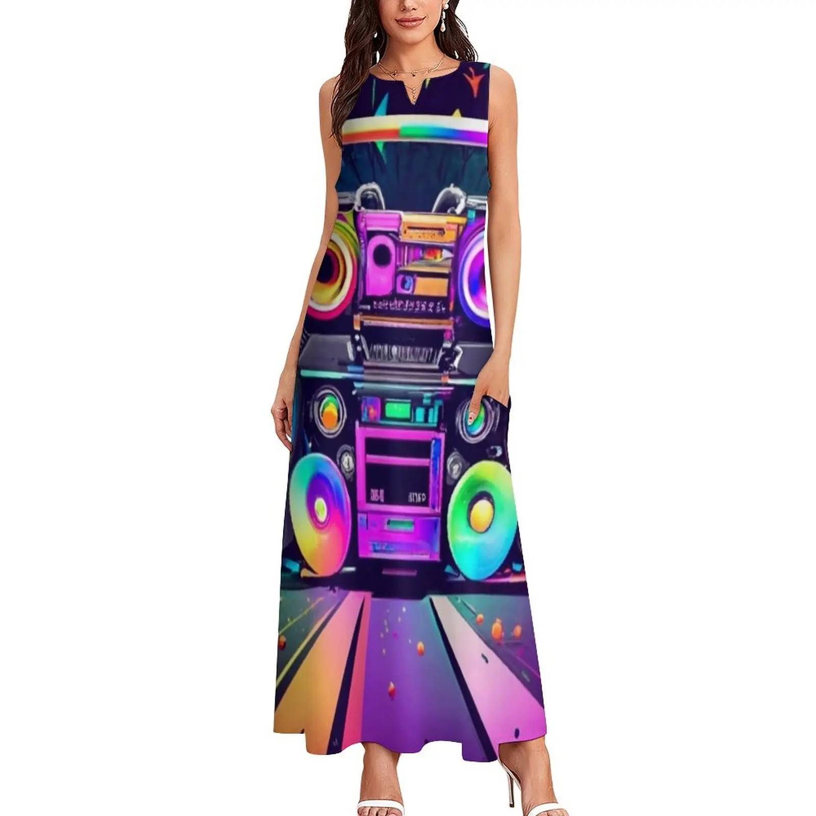 Multi Color 80's Boombox Creative Art Long Dress dresses for womens womens dress clothing women summer 2025