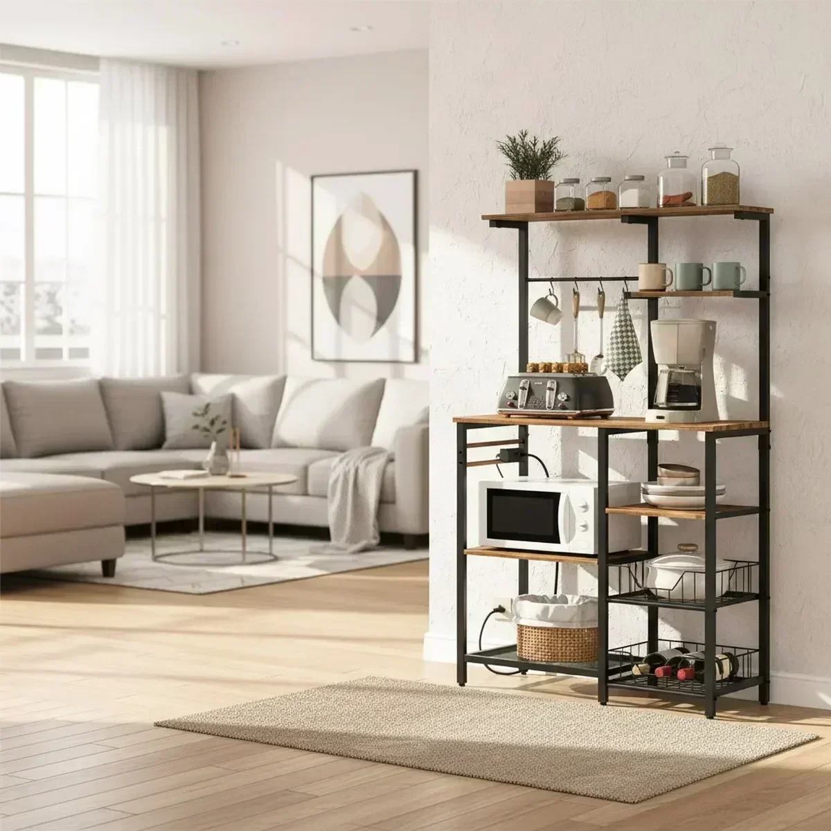 Rustic Brown Black 6 Tier Kitchen Baker s Rack with Power Outlets and Hooks Multi-Purpose Shelf