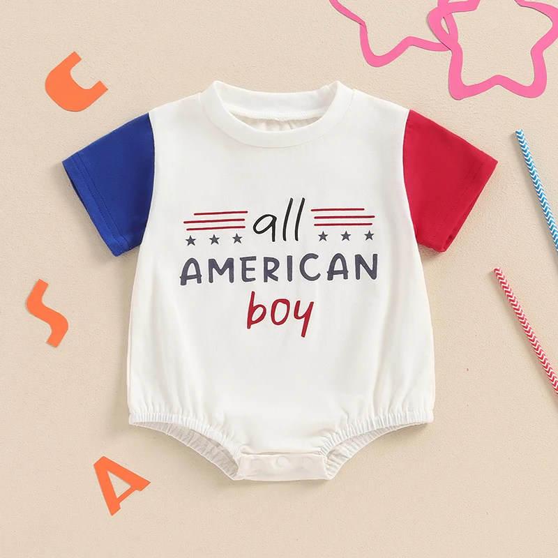 Baby Boy 4th of July Romper Casual Letter Star Print Round Neck Short Sleeve Jumpsuit Toddler Summer Clothes