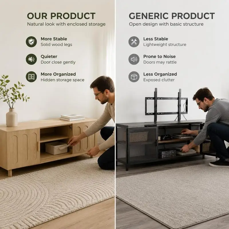 Mueble para TV Moderno de Mediados de Siglo de 140 cm con Almacenamiento, Consola Multimedia con Acabado en Roble para TV de 55 a 65 Pulgadas, Mueble para Sala de Estar y Dormitorio