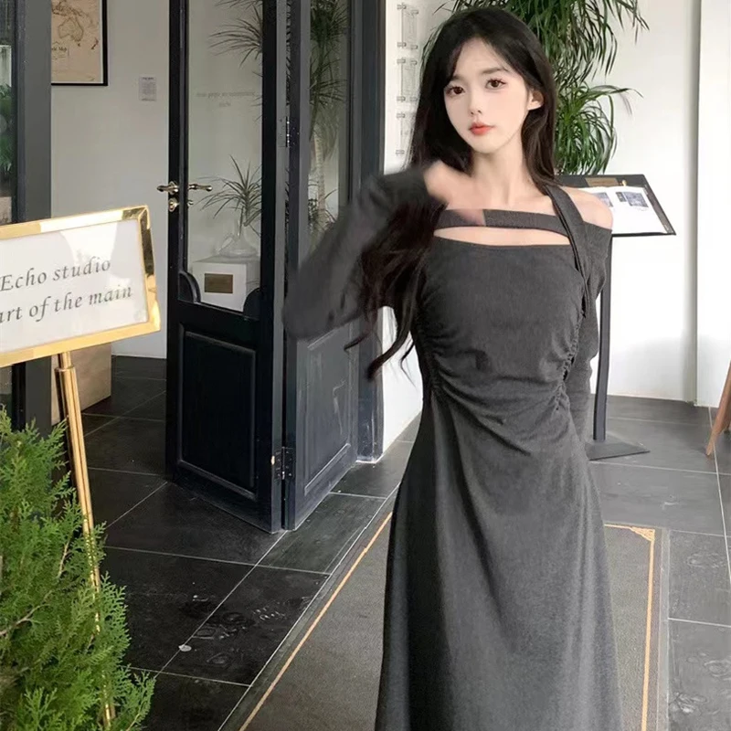 Grey Slimming Mid-Calf Dresses For Women Spring Autumn New Collection Hanging Neck Slim Fit Wrinkle Design Sense A-line Dress