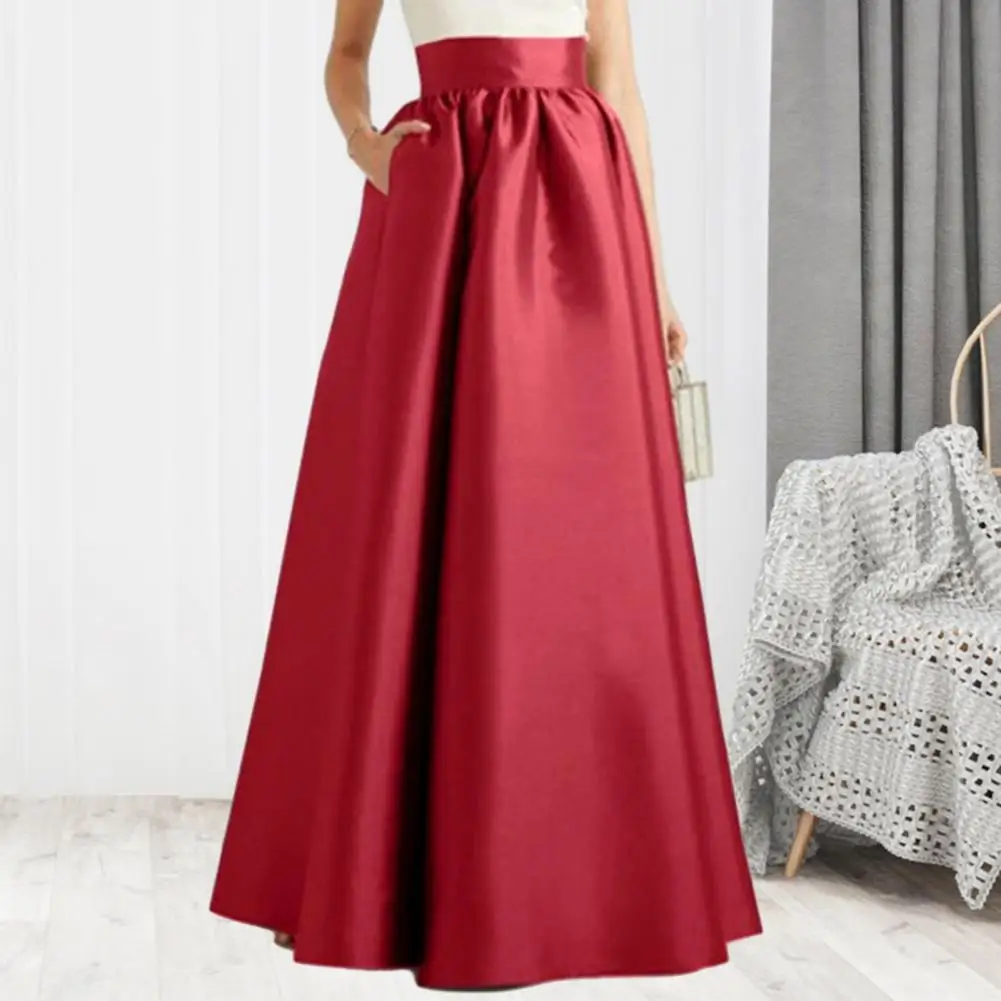 

Women Autumn Satin Skirt New A-line Floor Length Solid Color High Waist Pockets Dress Elegant Vintage Casual Long Robe Skirt