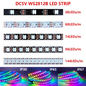 5V WS2812 WS2812B taśma Led RGB 30/60/74/96/144 diody/m czarny biały PCB IP30 IP65 IP67 indywidualnie adresowalny IC taśma świetlna Led