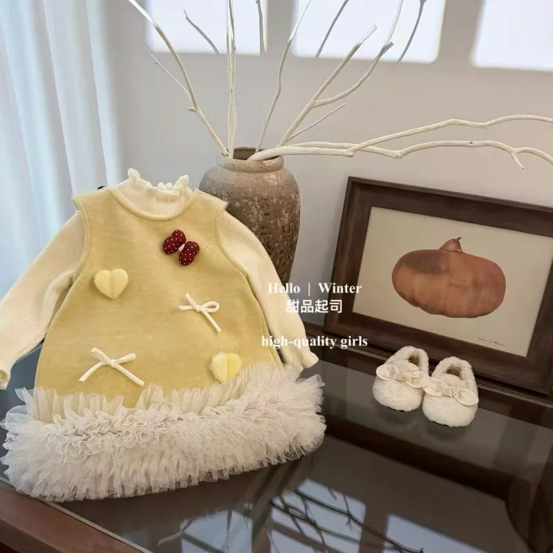 

Girls' Fleece-Lined Set Dress Autumn Winter Bowknot Heart Vest Dress Knitted Rich Girl Style New Year Outfit Set