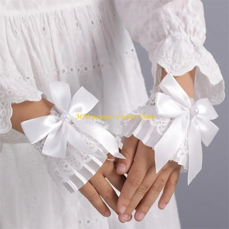 Q39C ไข่มุกสง่างามข้อมือข้อมือข้อมือแขนเท็จ Bowknot Jabot เครื่องแต่งกายอุปกรณ์เสริมริบบิ้น Brim Brim Crosses