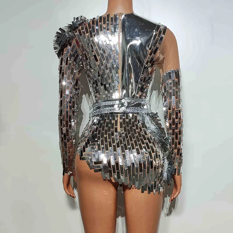 Zilveren Spiegel Jurk Festival Party Rave Outfit Vrouwen Stage Performance Kostuum Gogo Nachtclub Bar DJ Drag Queen Kleding