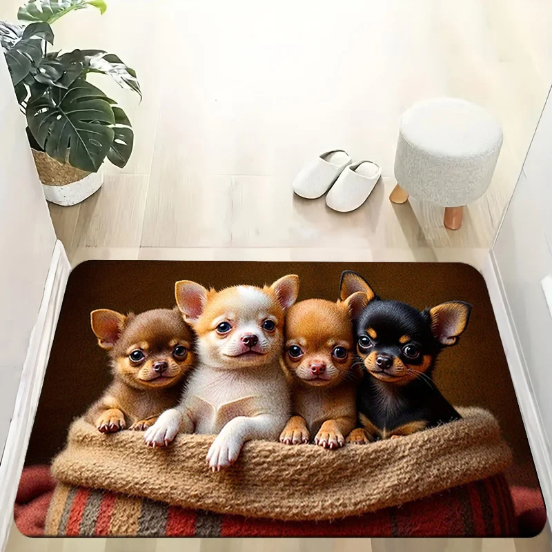 Cute Chihuahua Puppies Doormat, Four Dogs Rug, Pet Lover Welcome Mat, Non-Slip Entryway Carpet, Cozy Home Floor Decor