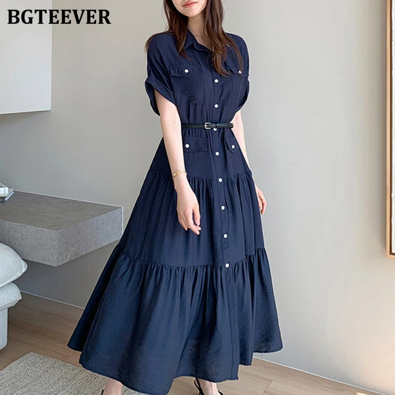 

BGTEEVER Elegant Lapel Short Sleeve Female A-line Dress Casual Slim Waist Belted Women Mid-length Dress vestidos