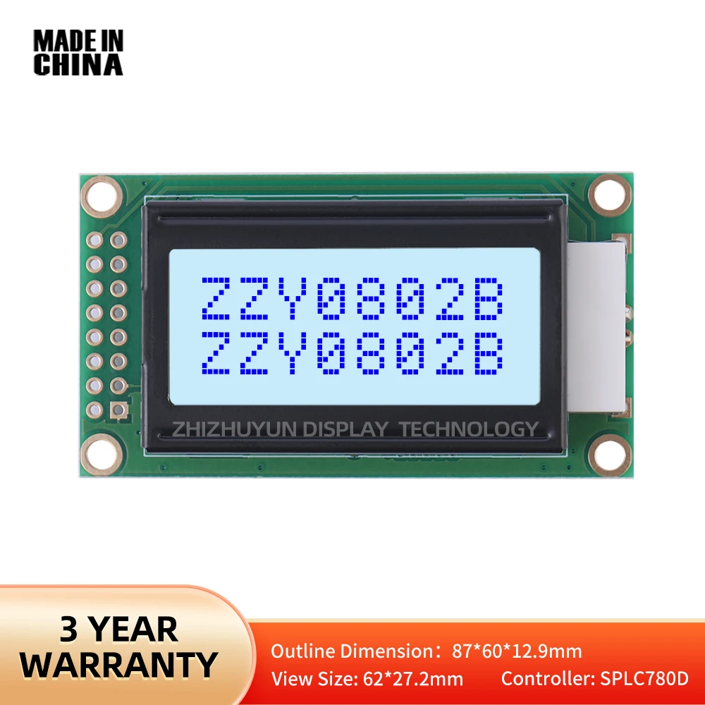 그레이 필름 블루 폰트 LCD 모듈, 8X2 문자 LCD 스크린, 휴대용 디스플레이 모듈, LCD0802B, 1.2 인치