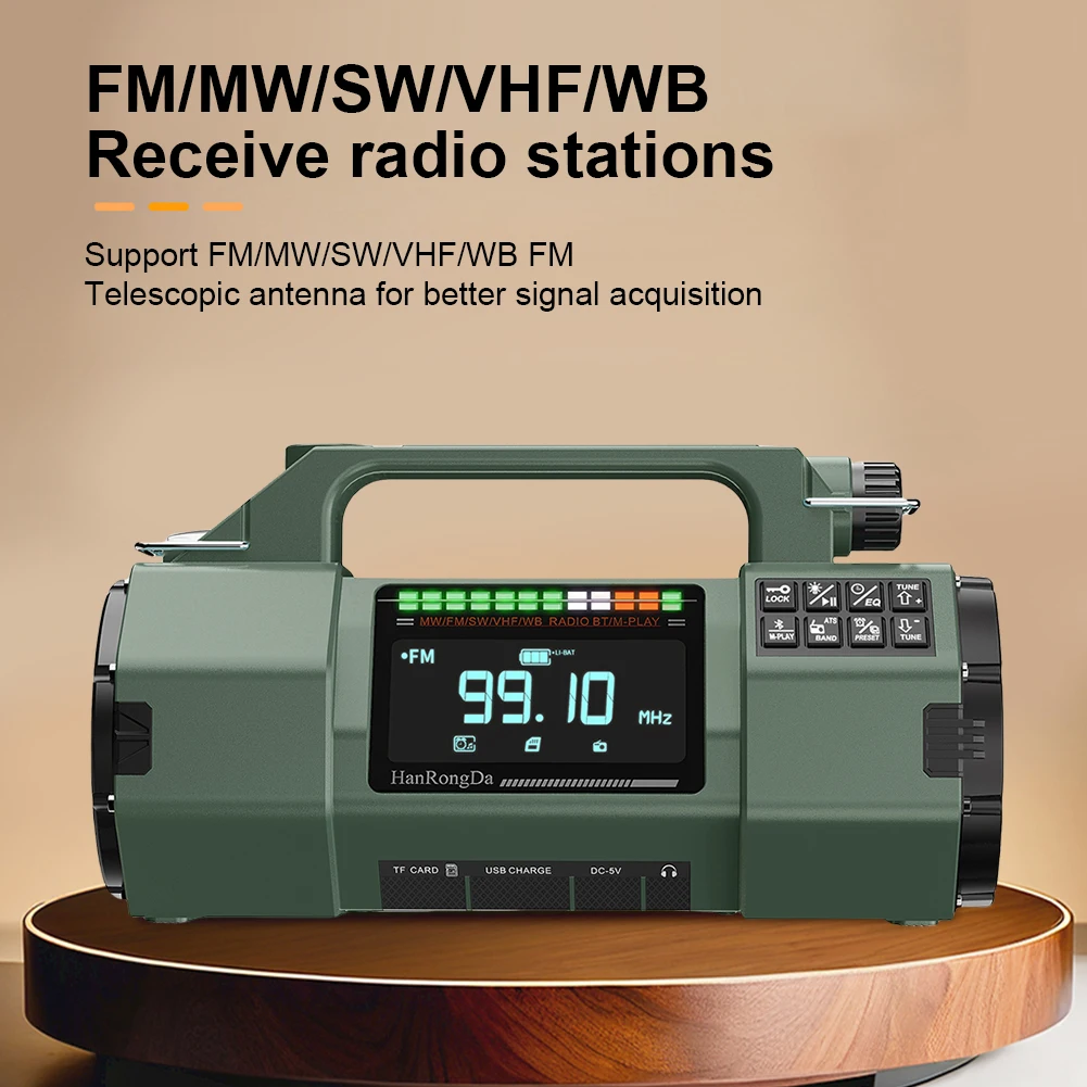 HRD-908 راديو الطقس في حالات الطوارئ كرنك اليد راديو FM/MW/SW/VHF/WB راديو يعمل بالطاقة الشمسية مصباح ليد جيب خارجي SOS إنذار BT لاعب