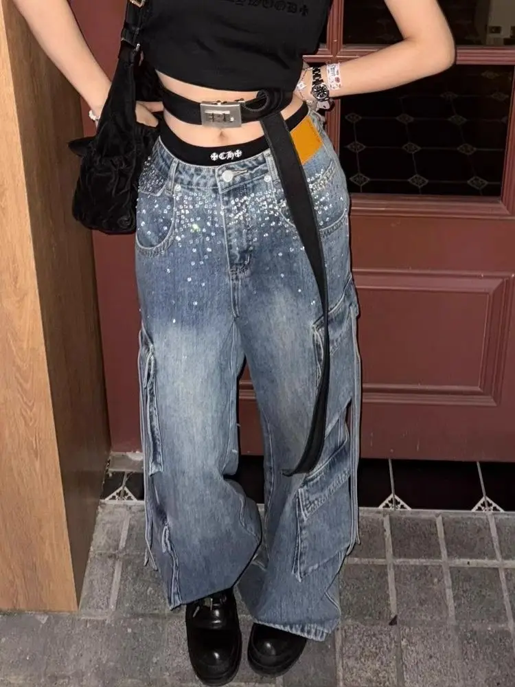 

Women's Vintage Heavy Duty Denim Cargo Pants Y2K Streetwear Hip Hop Wide Leg Baggy Jeans with Rhinestones Multi-Pockets