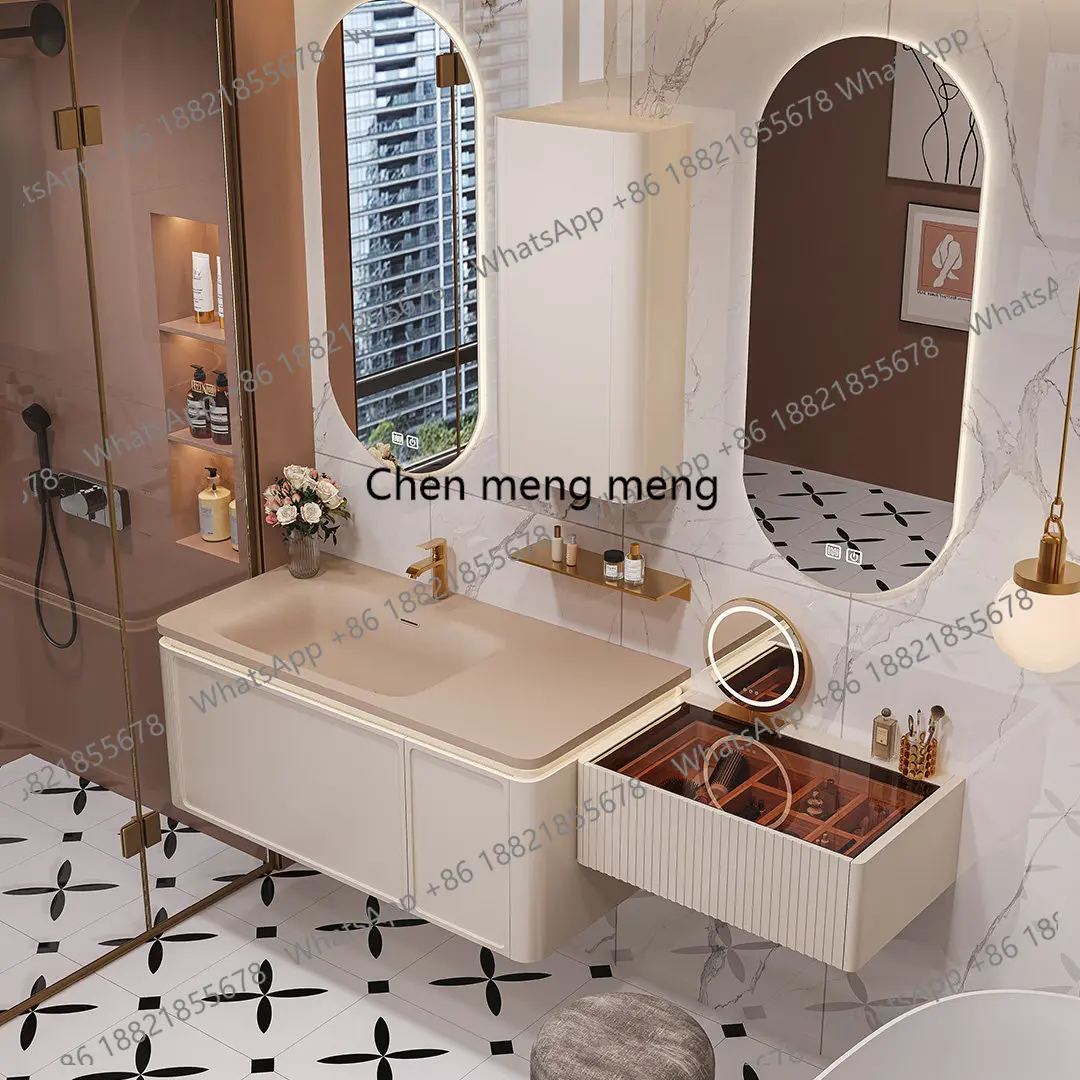 Brown Corian integrated basin light luxury hanging rubber wood paint smart