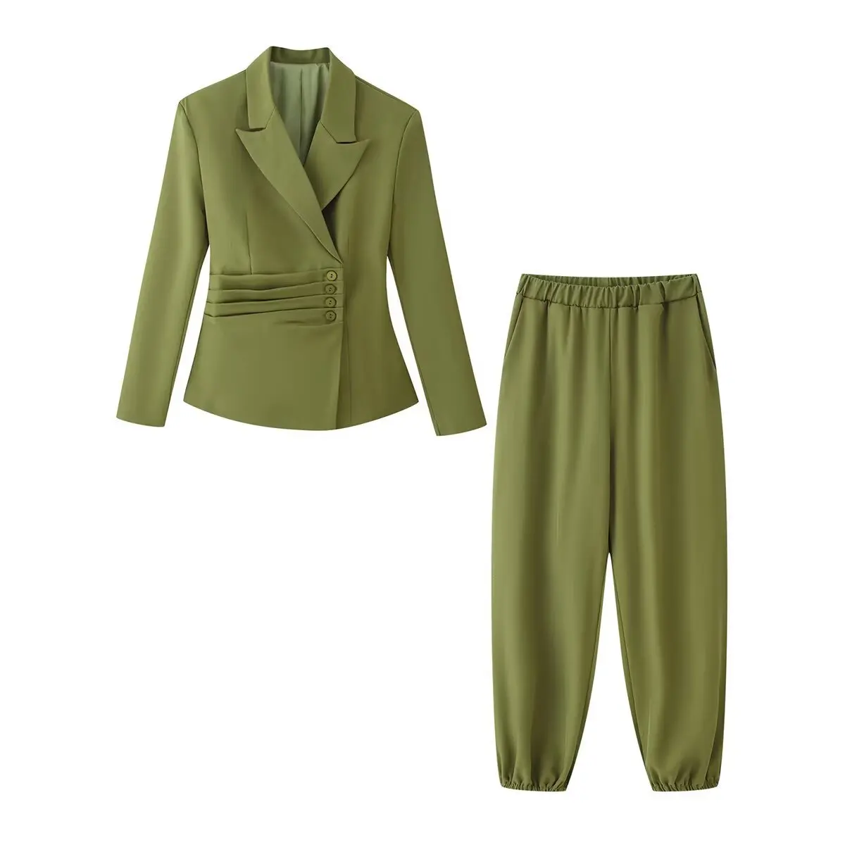 Suninheart Olive Green Asymmetric Blazer & Pants Set – Women's Ruched Waist Suit Two Piece Office Lady Autumn Fashion