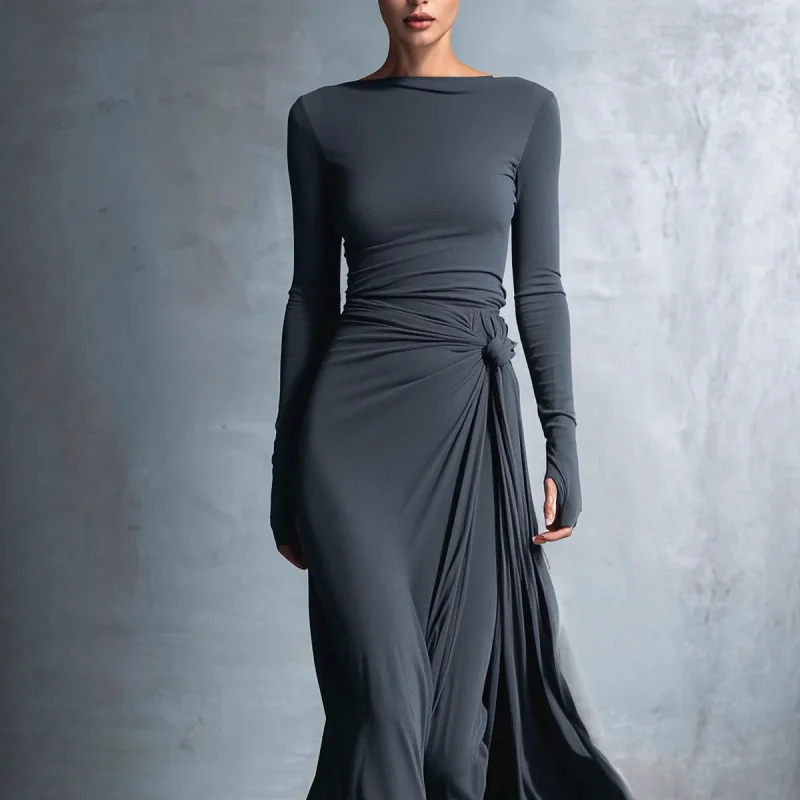 أنيقة طويلة الأكمام Ruched مثير فستان ماكسي المرأة ثوب الخريف موضة ثنيات Bodycon غير النظامية فساتين طويلة الملابس النسائية #6