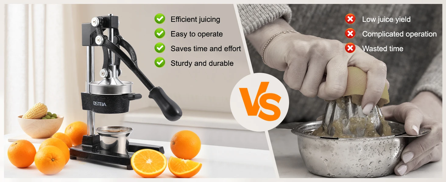 Cast Iron Manual Citrus Juicer, Heavy Duty Hand Press Orange Juicer with Stainless Steel Cup & Strainer, Commercial Grade Lemon Squeezer for Orange, Lemon, Lime, Grapefruit, Pomegranate