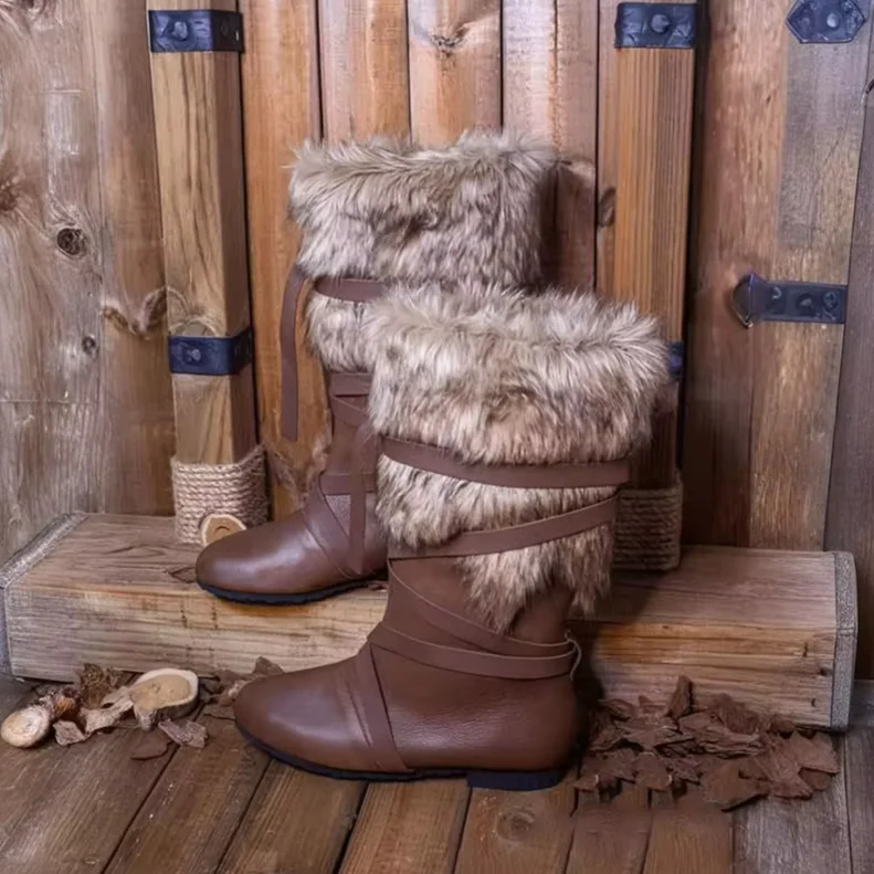 Vintage Medieval Fur Trim Mid Calf Boots Men Renaissance Brown PU Leather Wrap Style Boot Cosplay Halloween Party Cosplay Shoes