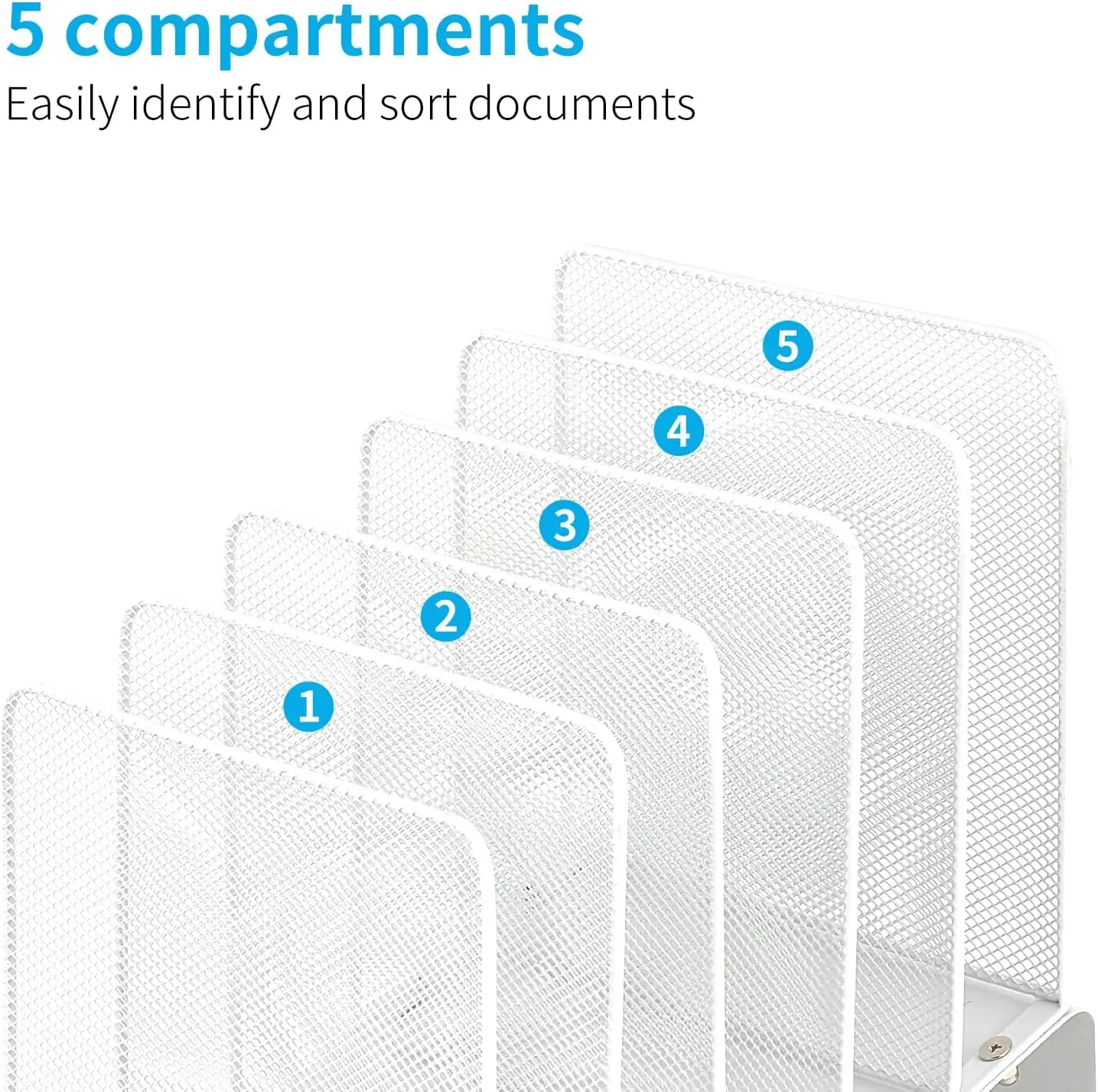 5-Section Vertical File Organizer for Desk, White Workspace Accessory with Steel Construction