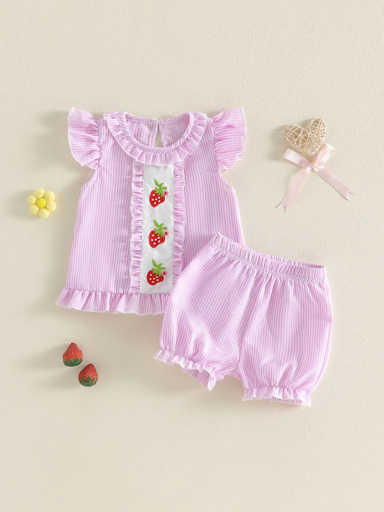 

Toddler Girl 2-Piece Summer Set with Ruffle Sleeve Watermelon Embroidery Top and Shorts Cute Baby Girl Outfit for Spring