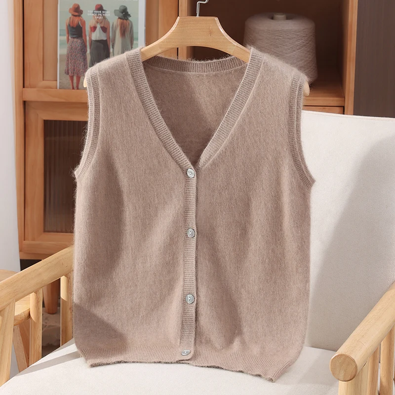 

New Women 100% Mink Cashmere Sweater V-neck Waistcoat Buttons Cardigan Sleeveless Autumn Winter Warm Mink Cashmere Knitwear Tops