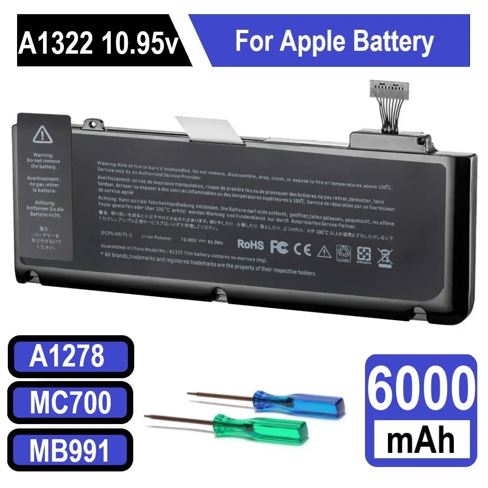 

A1322 A1278 аккумулятор для APPLE MacBook Pro 13 дюймов A1278 (2009-2012) A1322 Аккумулятор 6000 мАч APPLE Аккумулятор для ноутбука