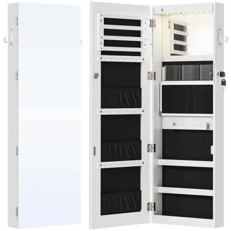 

#c White LED Mirror Jewelry Organizer Cabinet, Wall/Door Mounted Lockable Jewelry Armoire with Full Length Makeup Mirror