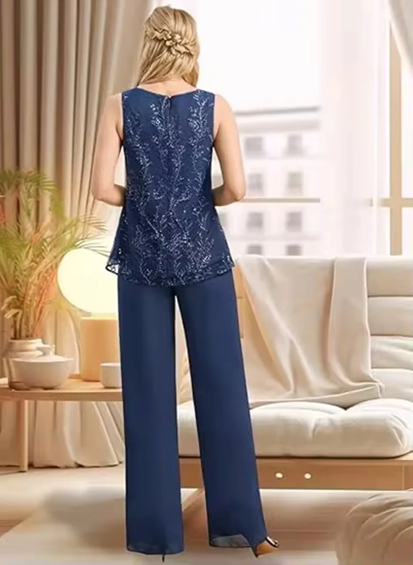 Abiti per la madre della sposa personalizzati Taglie forti 3 Abiti a tre pezzi Pantaloni Abiti da sera con giacca in pizzo ricamato a maniche lunghe