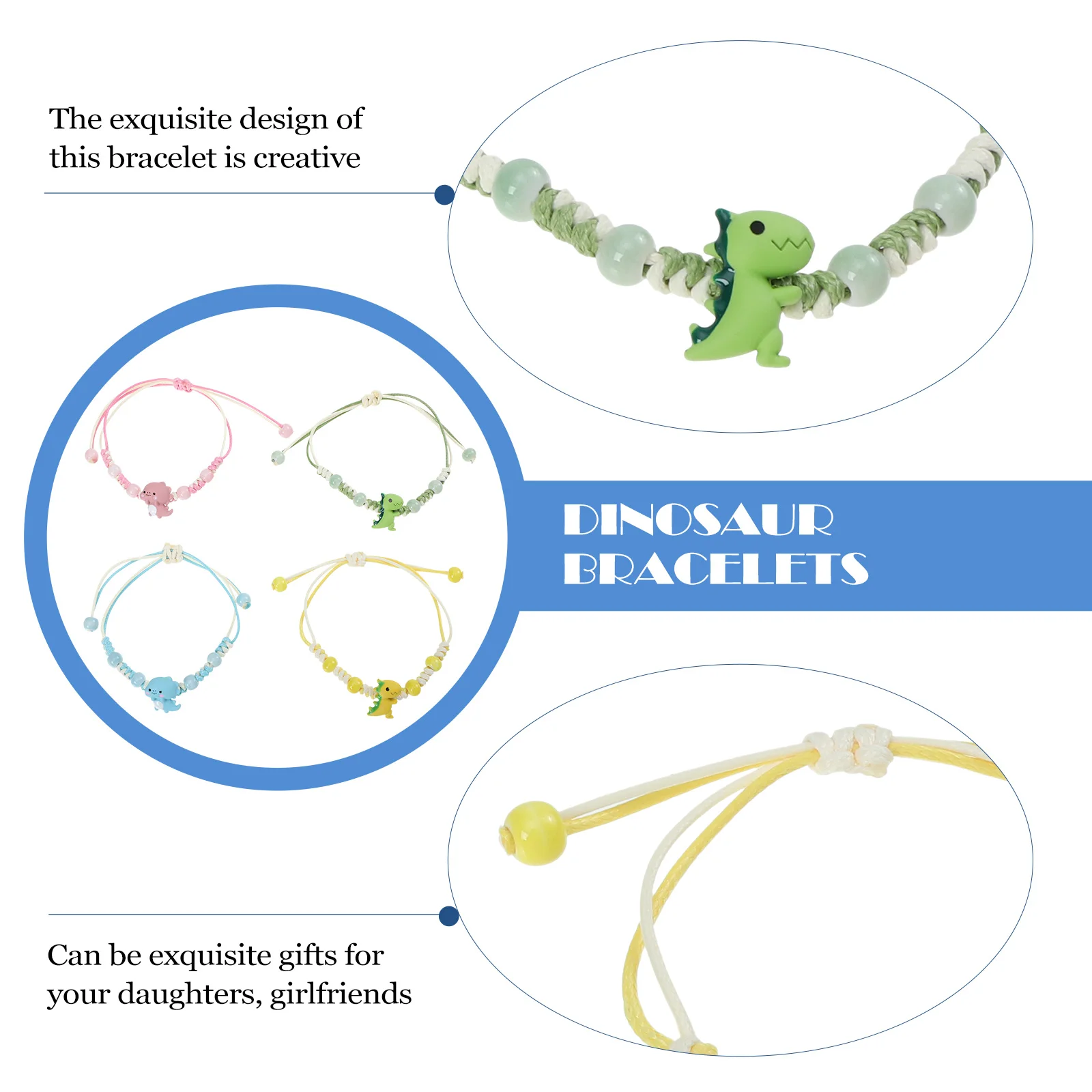 

4pcs Dinosaur Bracelets Adjustable Braided Rope Chains Girls Braided Dinosaurs Bracelets Jewelry Fashion Accessories