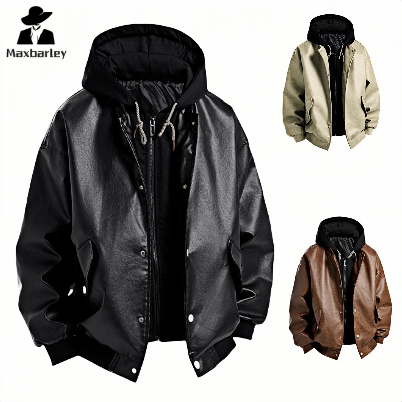 

Motorcycle Rider Leather Jacket Men Autumn Hip Hop Fake 2 Pce Hooded Faux Leather Coat Male Street Windproof Bicycle Pu Jackets