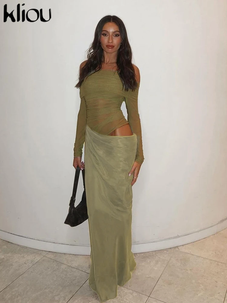 kliou Stacked Mesh Pleated Women Maxi Dress Fashion Hot See Through Full Sleeve Off Shoulder Bodycon Mujer Sexy Unique Partywear
