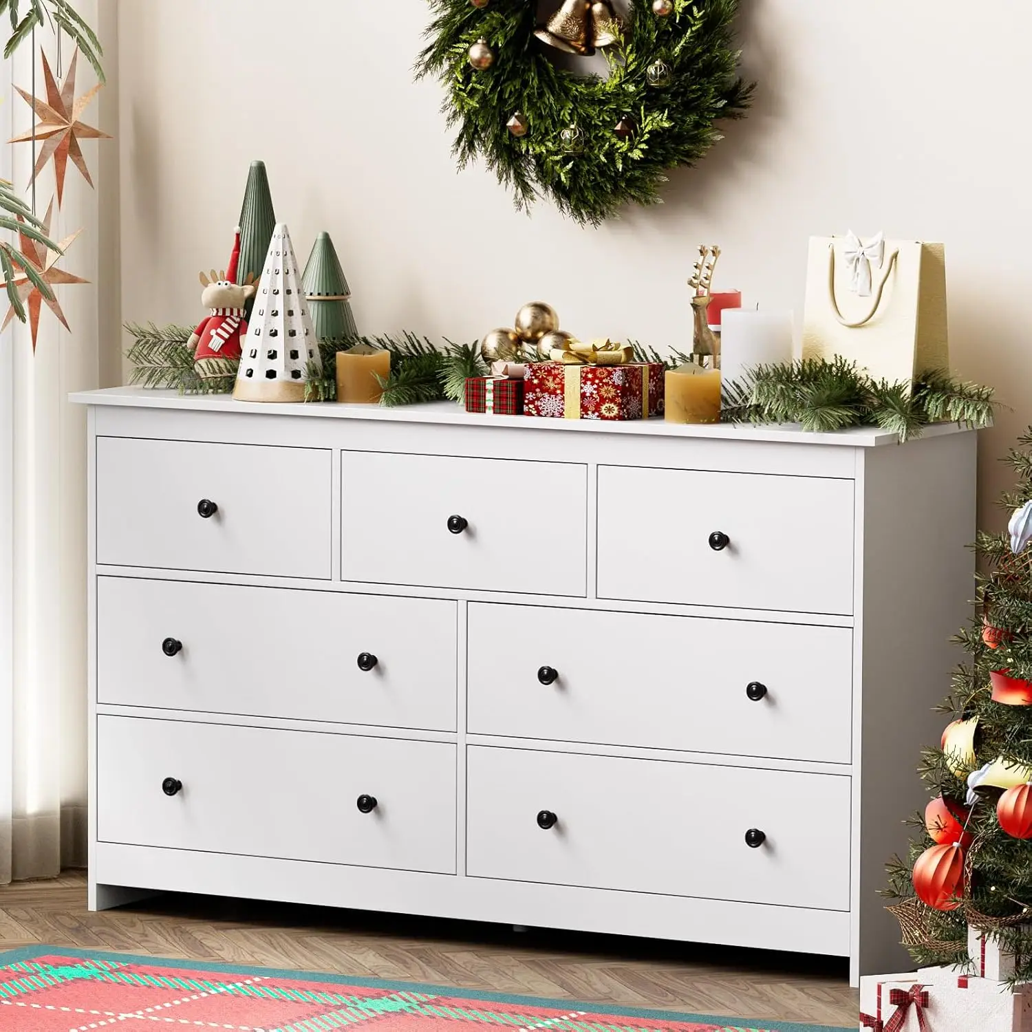Para quarto, cômoda grande de madeira com 7 gavetas profundas e alças pretas, cômodas e cômodas de armazenamento largas e cômodas para entrada,