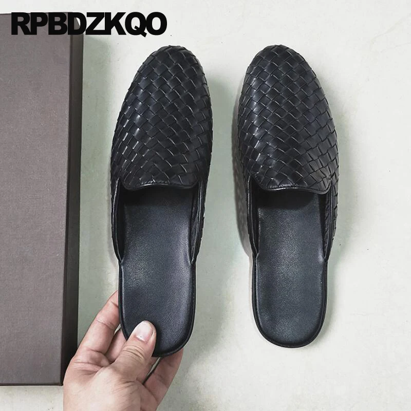 Designer Shoes Men High Quality Big Size Black Woven Slides Closed Toe Large Slippers Summer Genuine Leather 45 Italian Sandals