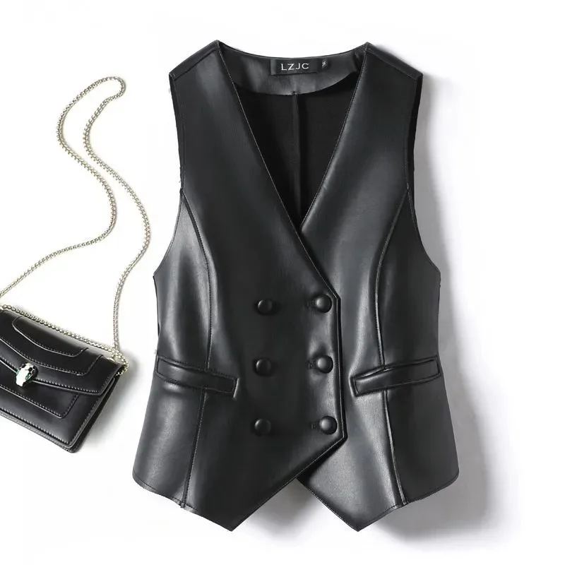 

Fashion Women's Leather Vest Coat Lady Locomotive Clothing Spring Autumn Short PU Leather Jacket Female Vest Waistcoat
