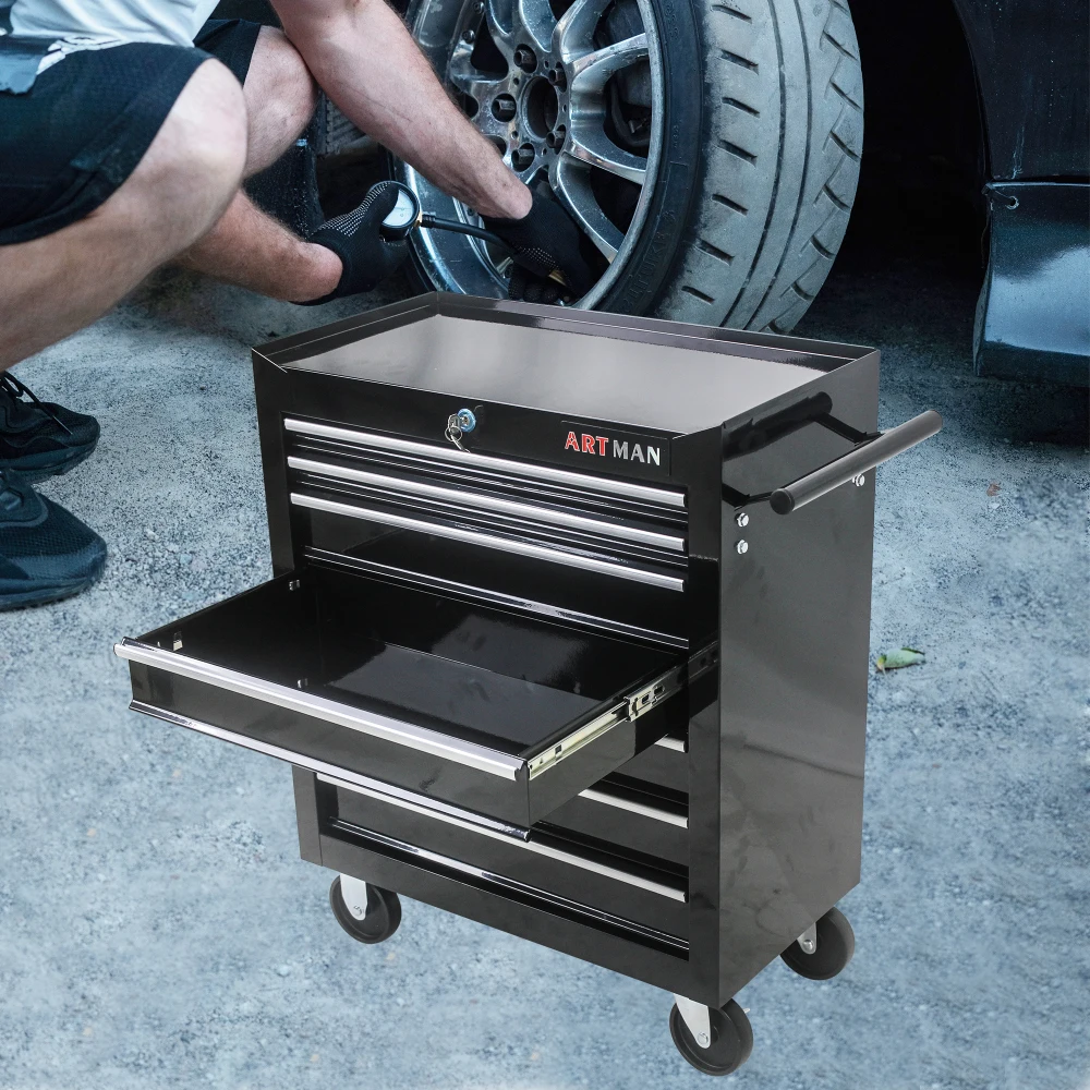 

MULTIFUNCTIONAL TOOL CART WITH 7 DRAWERS , robust and powder-coated steel tool trolley, Tool cabinet WITH 4 steering WHEELS