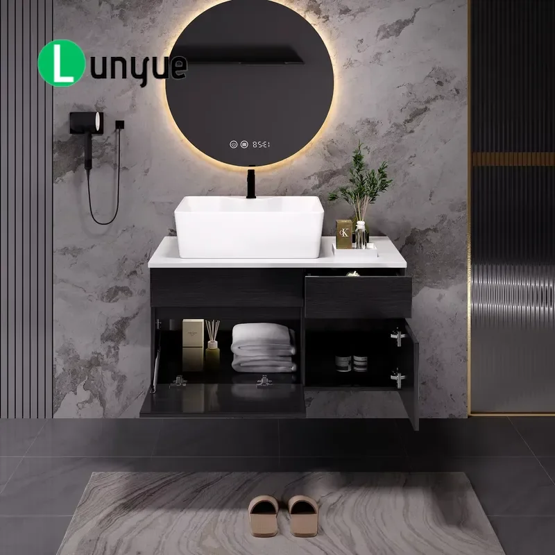 Luxury Modern Wall Mounted Vanity Bathroom Single Sink Solid Wood Washbasin Cabinet For Home Hotel Waterproof Storage