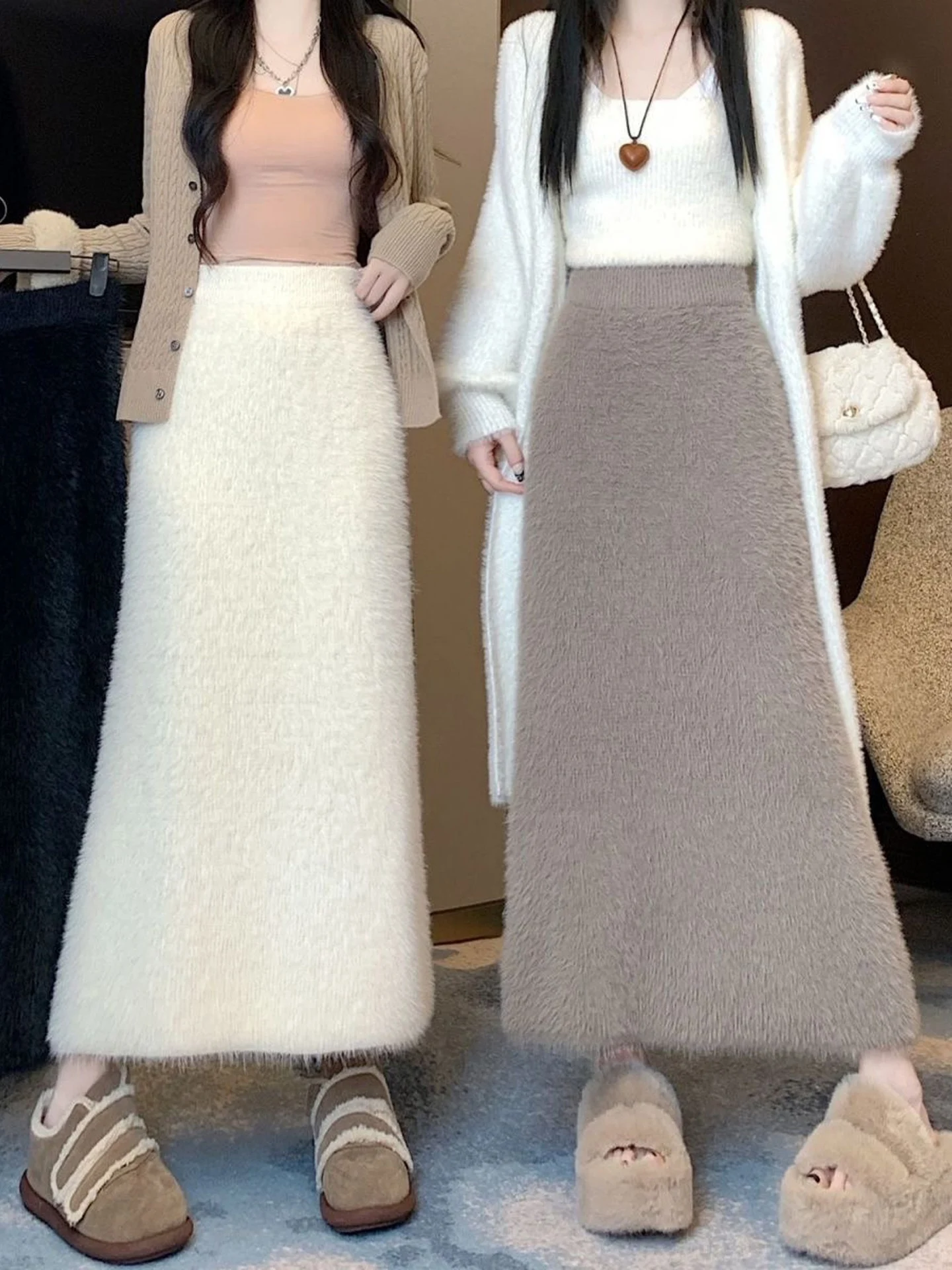 Thickened Knitted High Waist Long Skirt Women's Autumn Winter New Style One Step Half Body Skirt Simulation  Velvet
