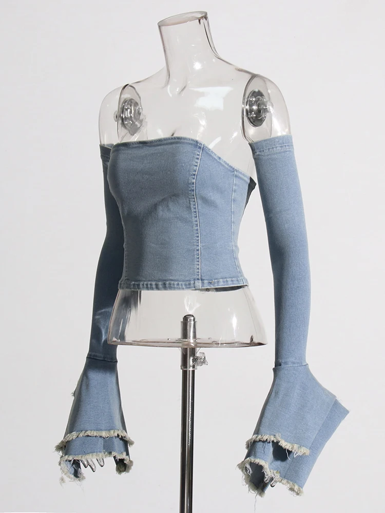 Solid Minimalist Backless Denim Tops For Women Strapless Flare Sleeve Tunic Spliced Zipper Slimming Sexy Vest Female Fashion