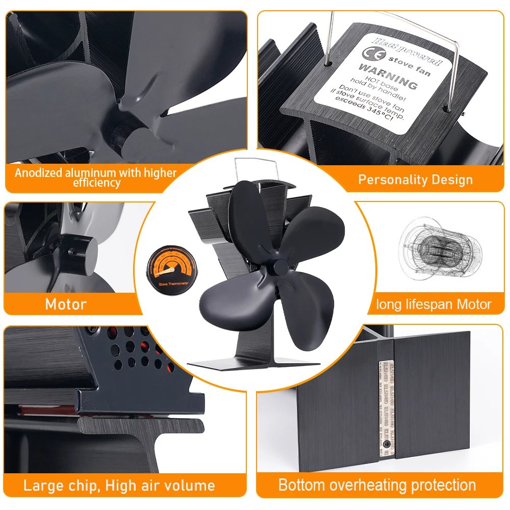 مروحة مدفأة مكونة من 6 شفرات ومقياس حرارة يعمل بالطاقة الحرارية وتوزيع حرارة فعال بيئيًا للمنزل في الهواء الطلق #2