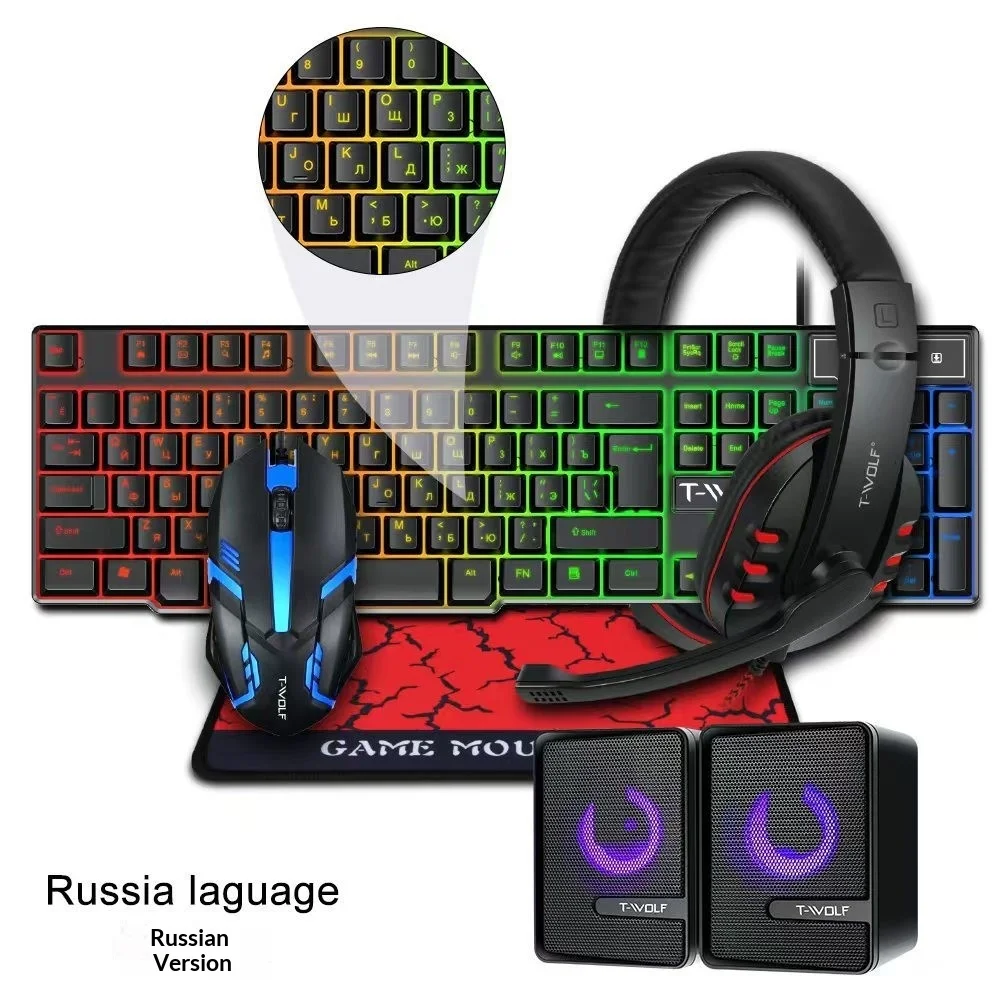 Spanish Russian Keyboard Layout Gaming Combo 4 in 1 RGB Backlit Keyboard Mouse Headset Mouse Pad Mechanical Feel for Laptop PC G